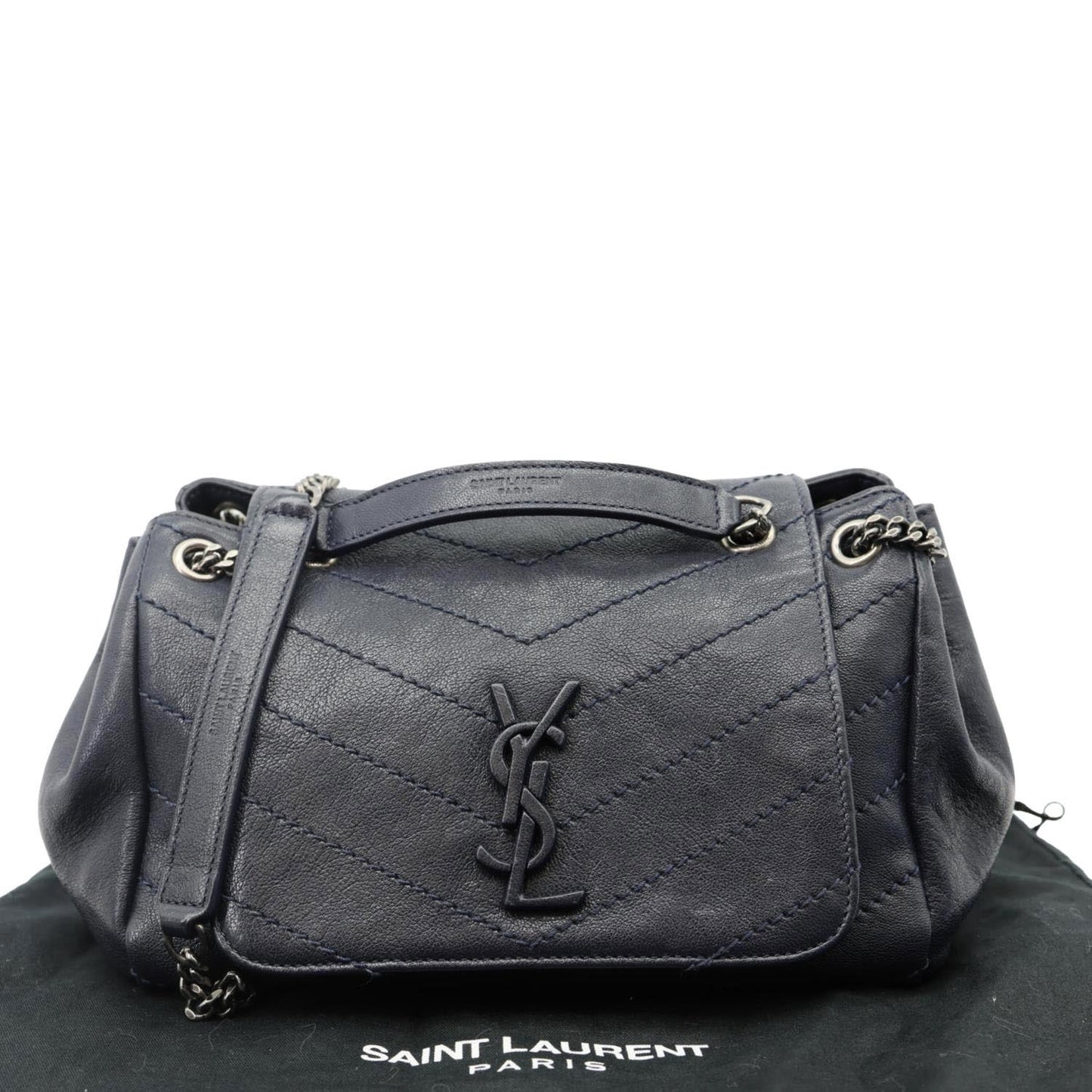 YVES SAINT LAURENT Vintage Monogram Nolita Chevron Leather Shoulder Bag Navy Blue