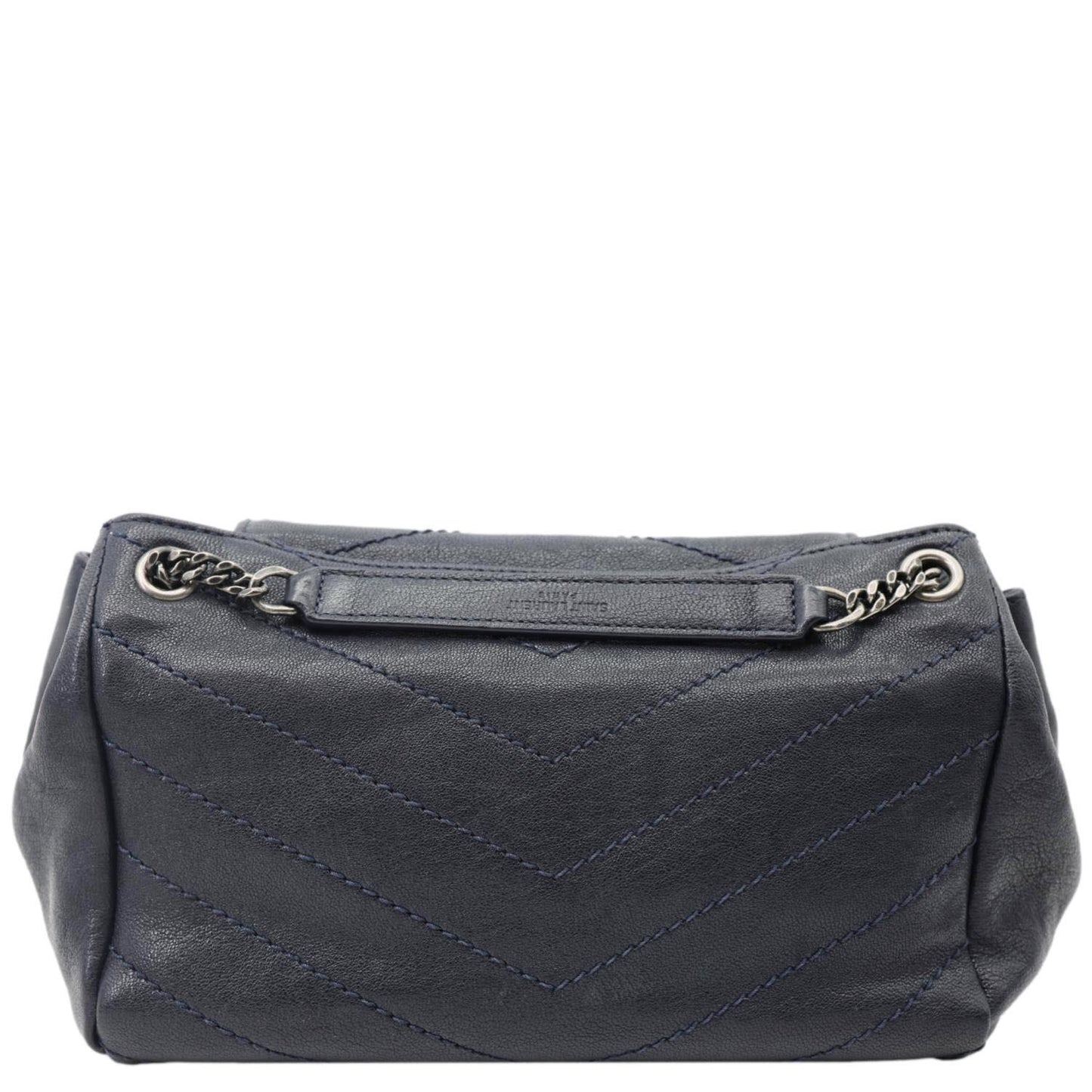 YVES SAINT LAURENT Vintage Monogram Nolita Chevron Leather Shoulder Bag Navy Blue