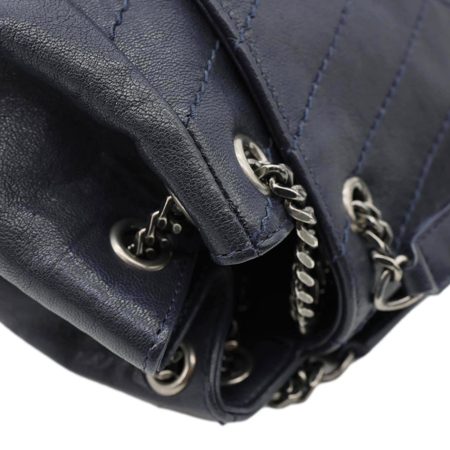 YVES SAINT LAURENT Vintage Monogram Nolita Chevron Leather Shoulder Bag Navy Blue