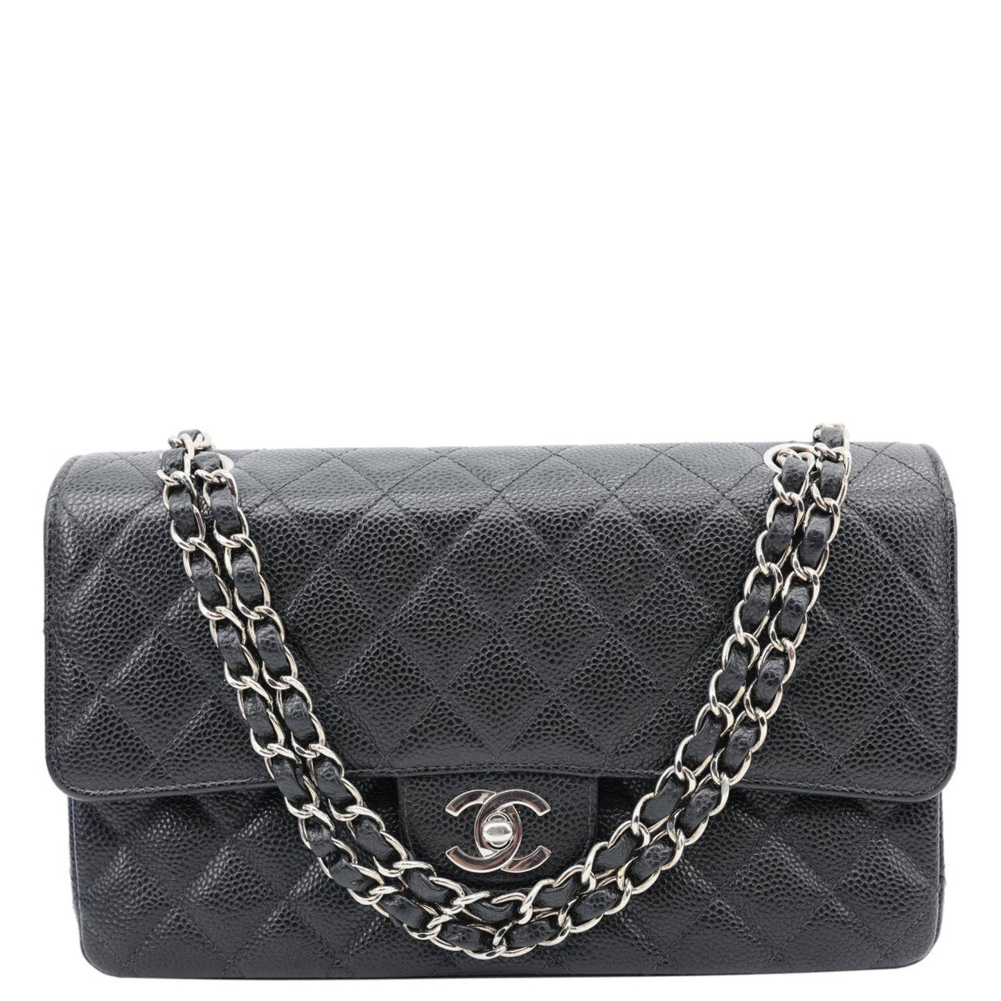 CHANEL Small Classic Flap Quilted Caviar Leather Shoulder Bag Black