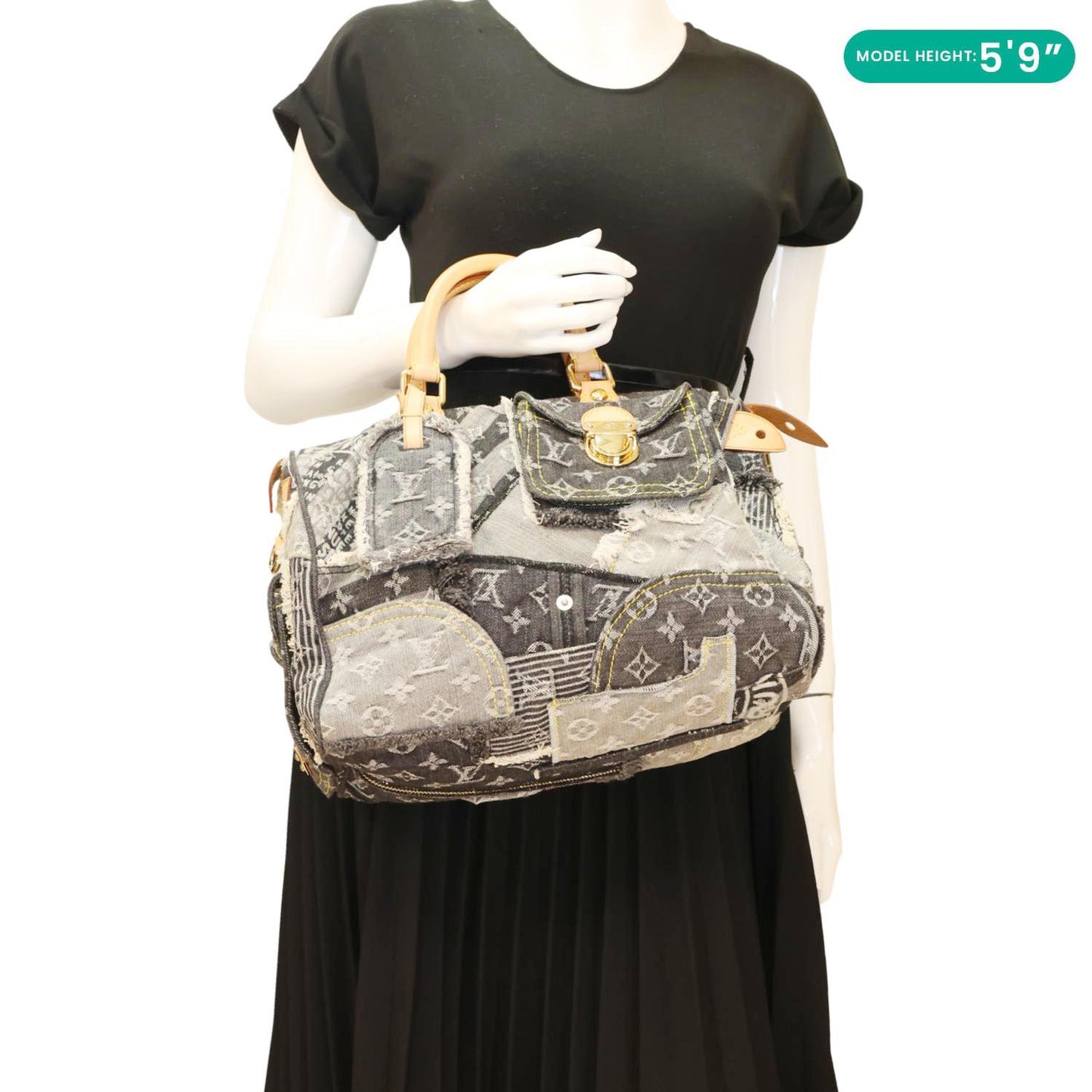 LOUIS VUITTON Speedy Monogram Denim Patchwork Satchel Bag Black