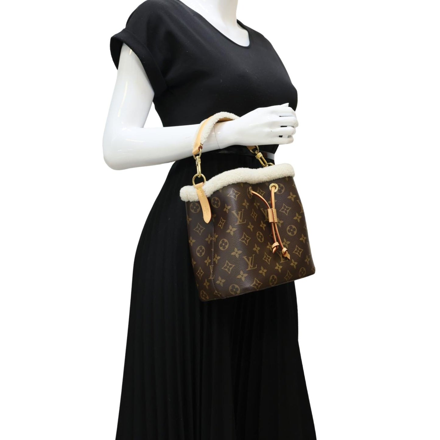 LOUIS VUITTON Neonoe BB Monogram Shearling Trimmed Bucket Bag Brown