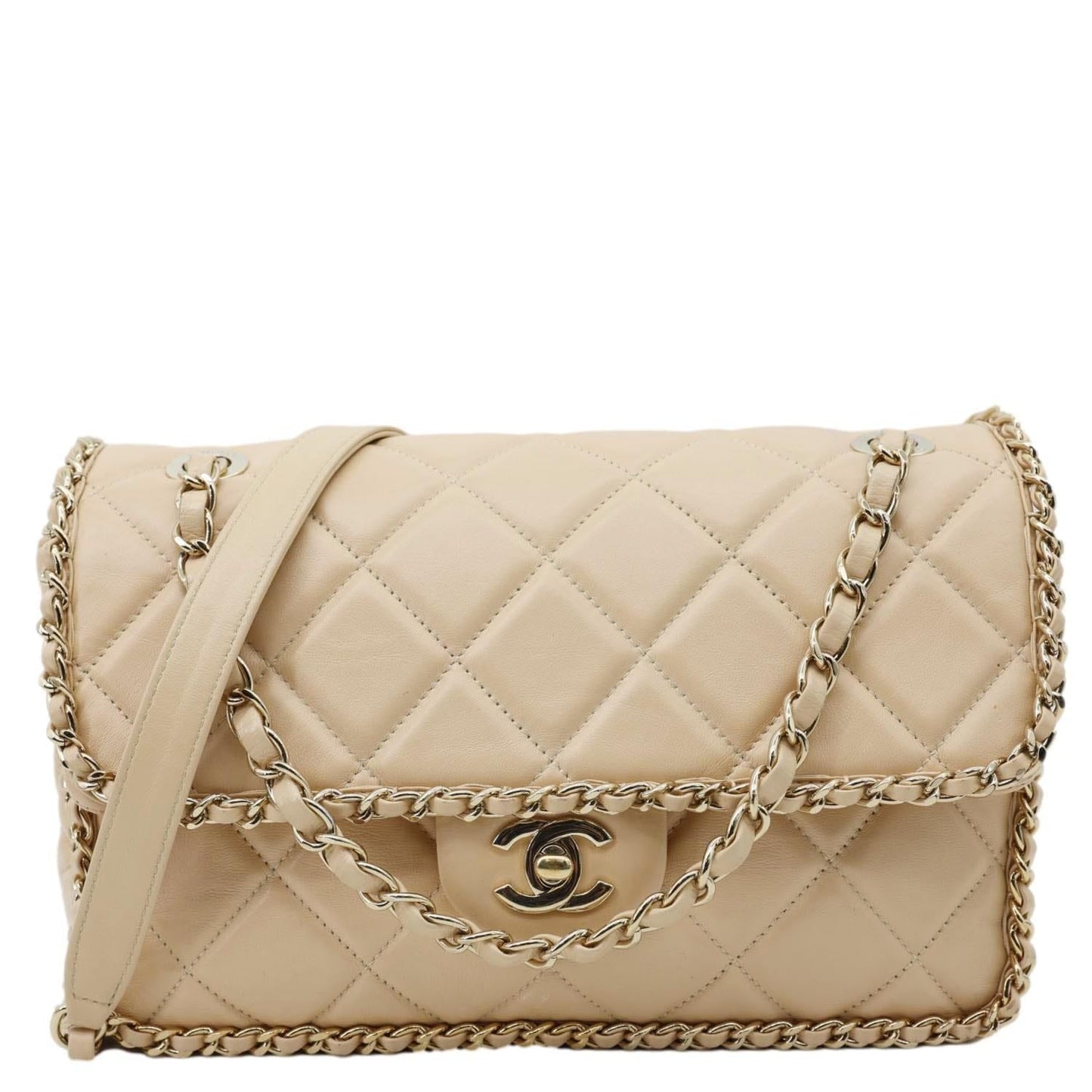 CHANEL Chain All Over Flap Medium Calfskin Crumpled Leather Crossbody Bag Beige