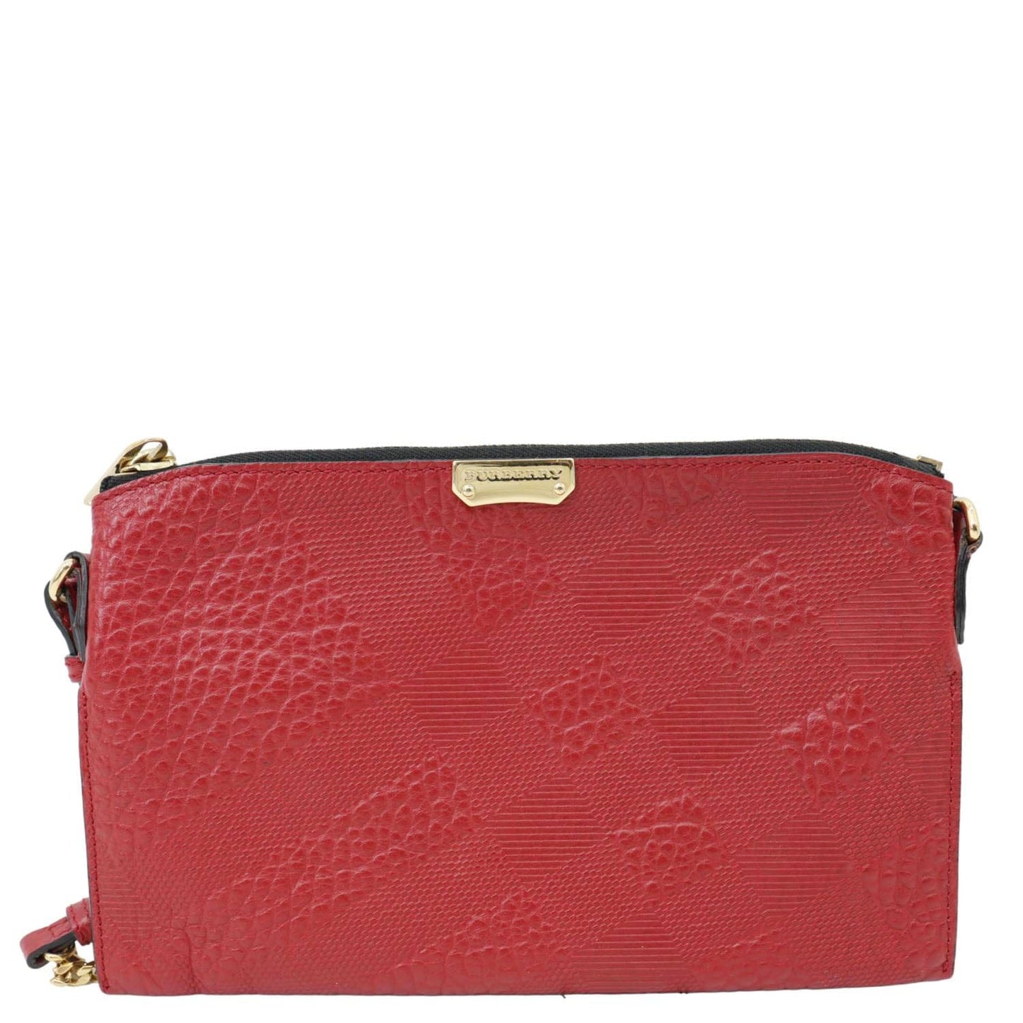 BURBERRY Peyton Grain Check Embossed Leather Clutch Crossbody Bag Red
