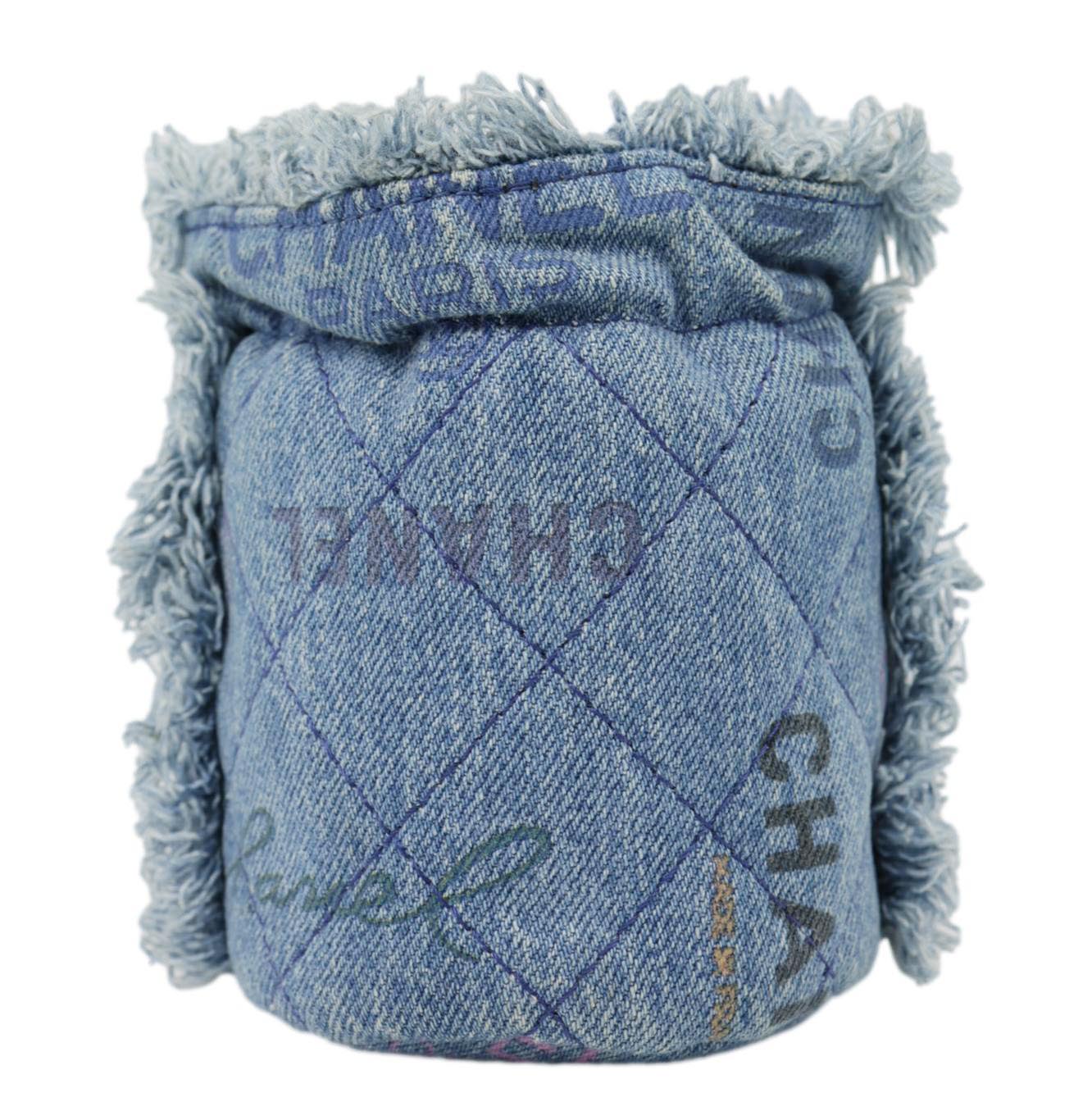 CHANEL Mood Logo Printed Quilted Denim Chain Bucket Bag Blue