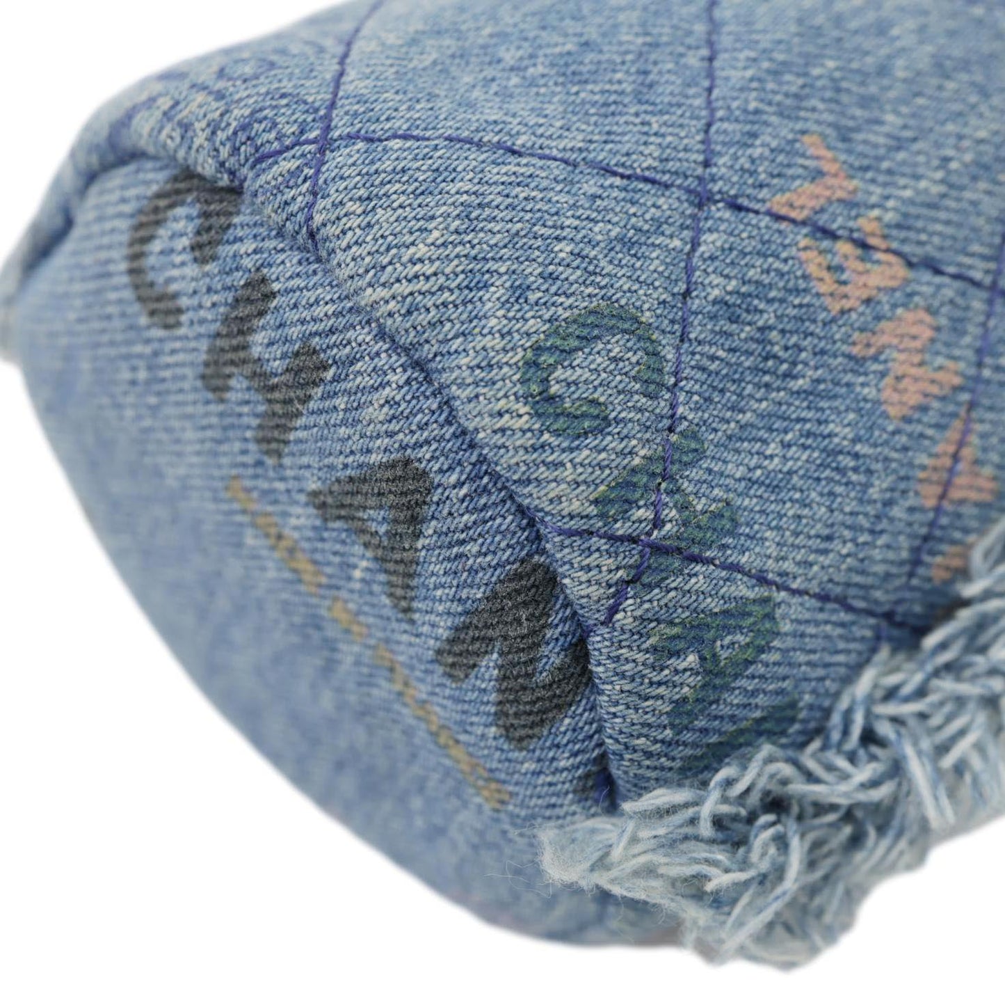 CHANEL Mood Logo Printed Quilted Denim Chain Bucket Bag Blue