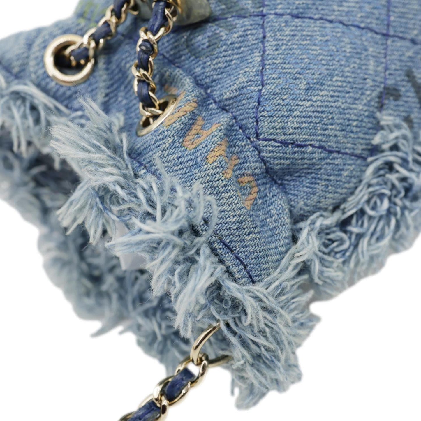 CHANEL Mood Logo Printed Quilted Denim Chain Bucket Bag Blue