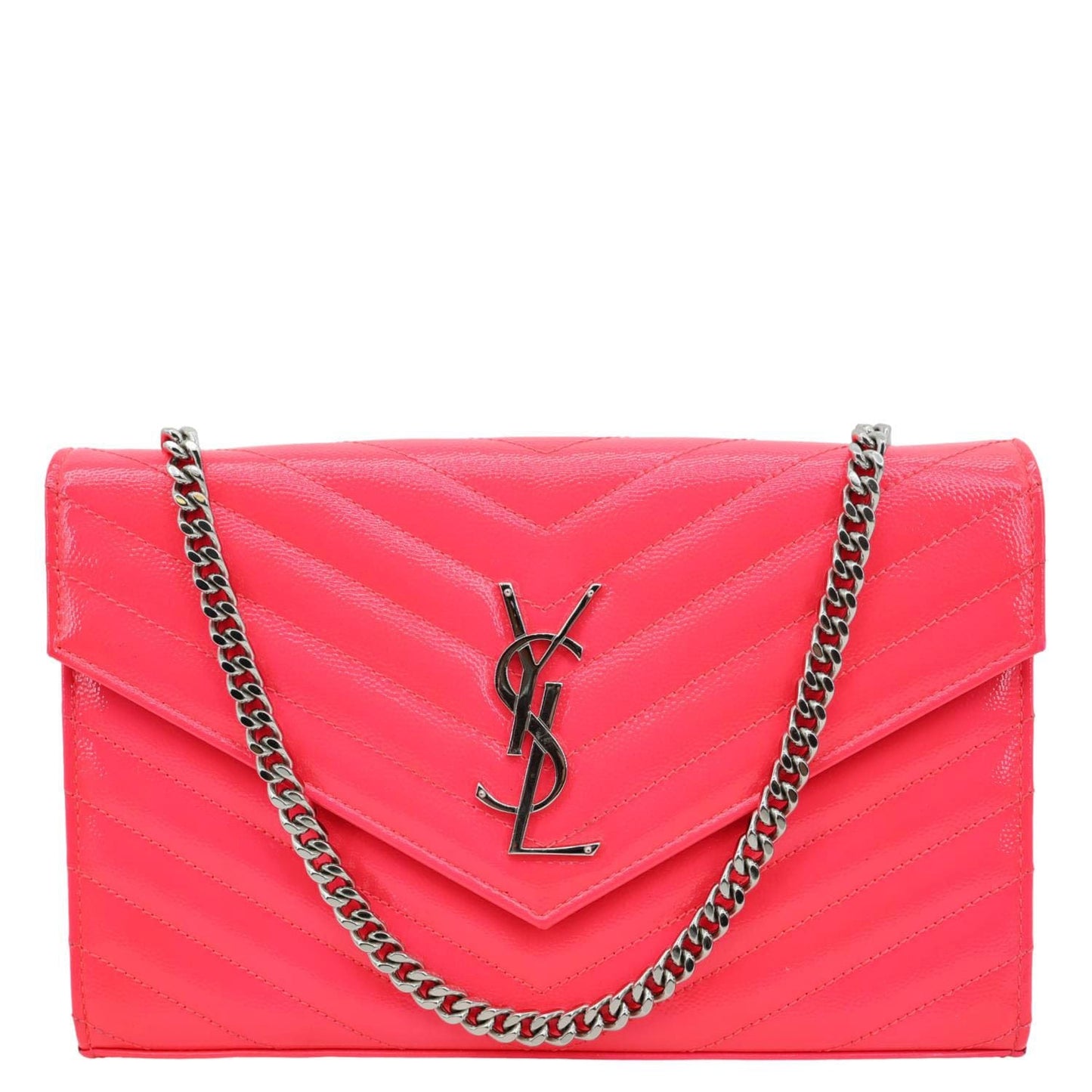 YVES SAINT LAURENT Monogram Grain De Poudre Chevron Leather Wallet On Chain Neon Pink