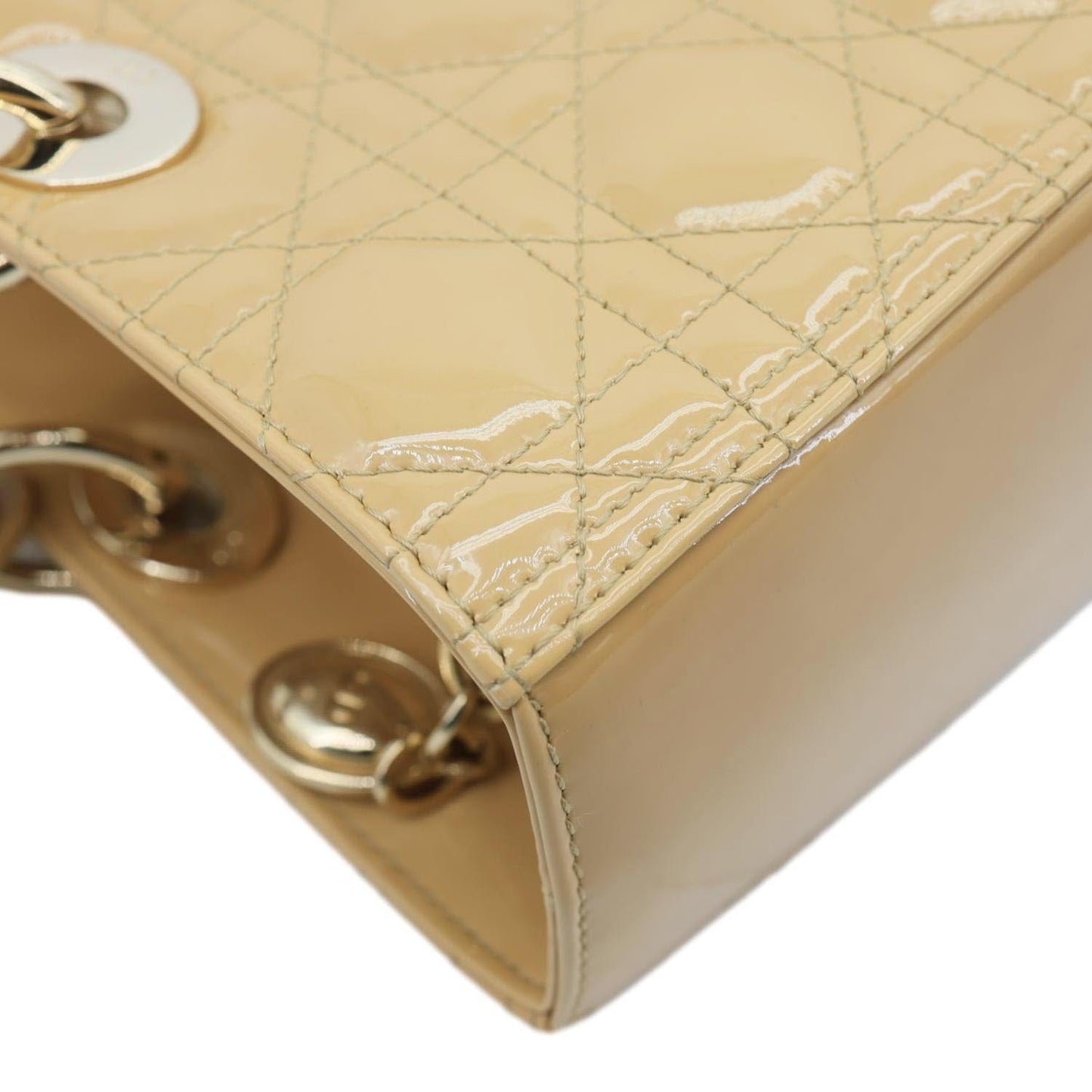 CHRISTIAN DIOR Lady Dior Large Quilted Patent Leather Shoulder Bag Camel