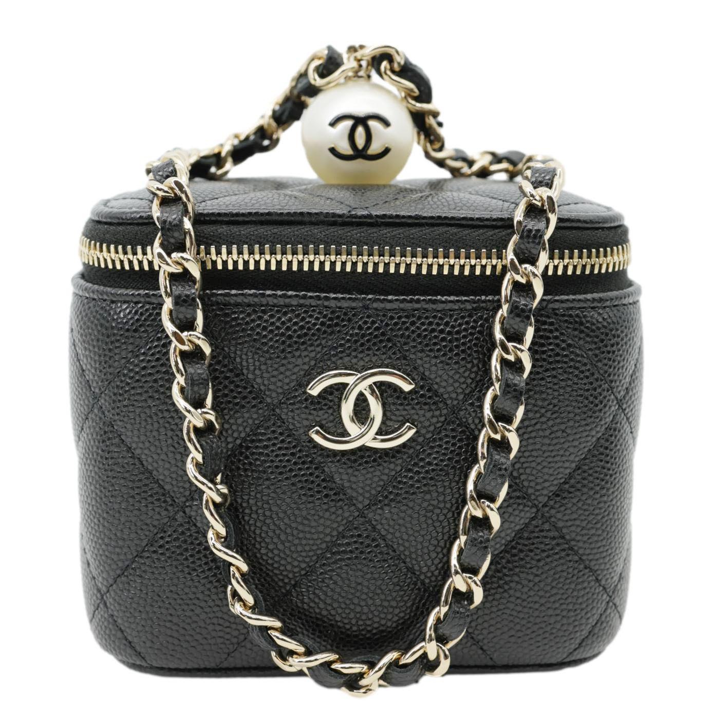 CHANEL Pearl On Top Mini Quilted Caviar Leather Chain Vanity Case Bag Black