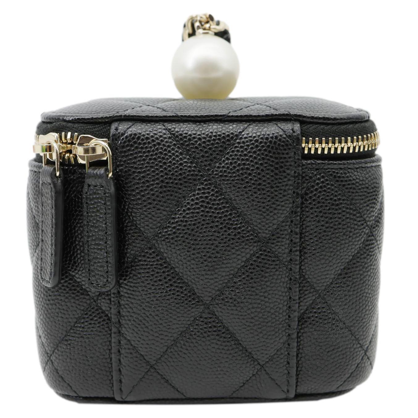 CHANEL Pearl On Top Mini Quilted Caviar Leather Chain Vanity Case Bag Black