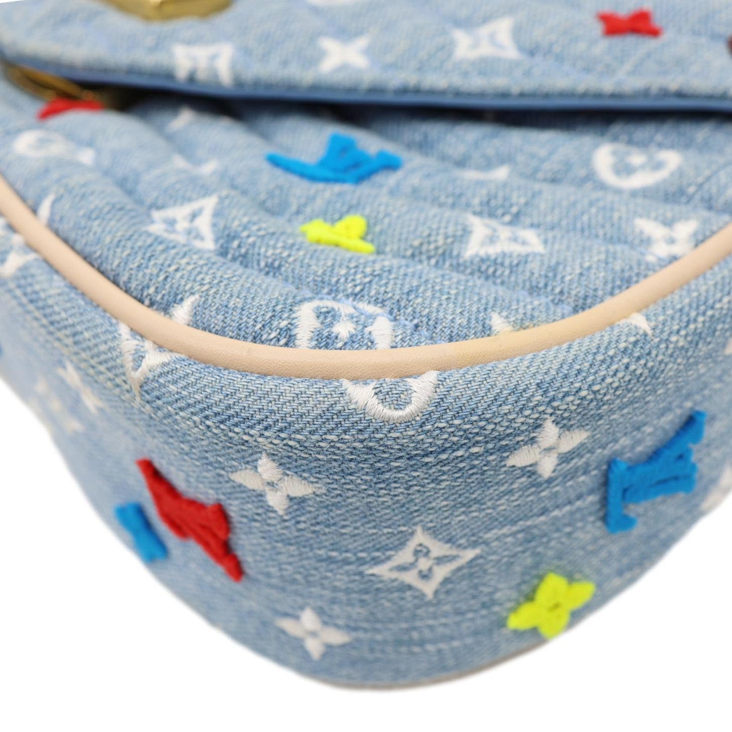 LOUIS VUITTON New Wave Embroidered Monogram Denim Chain Shoulder Bag Blue