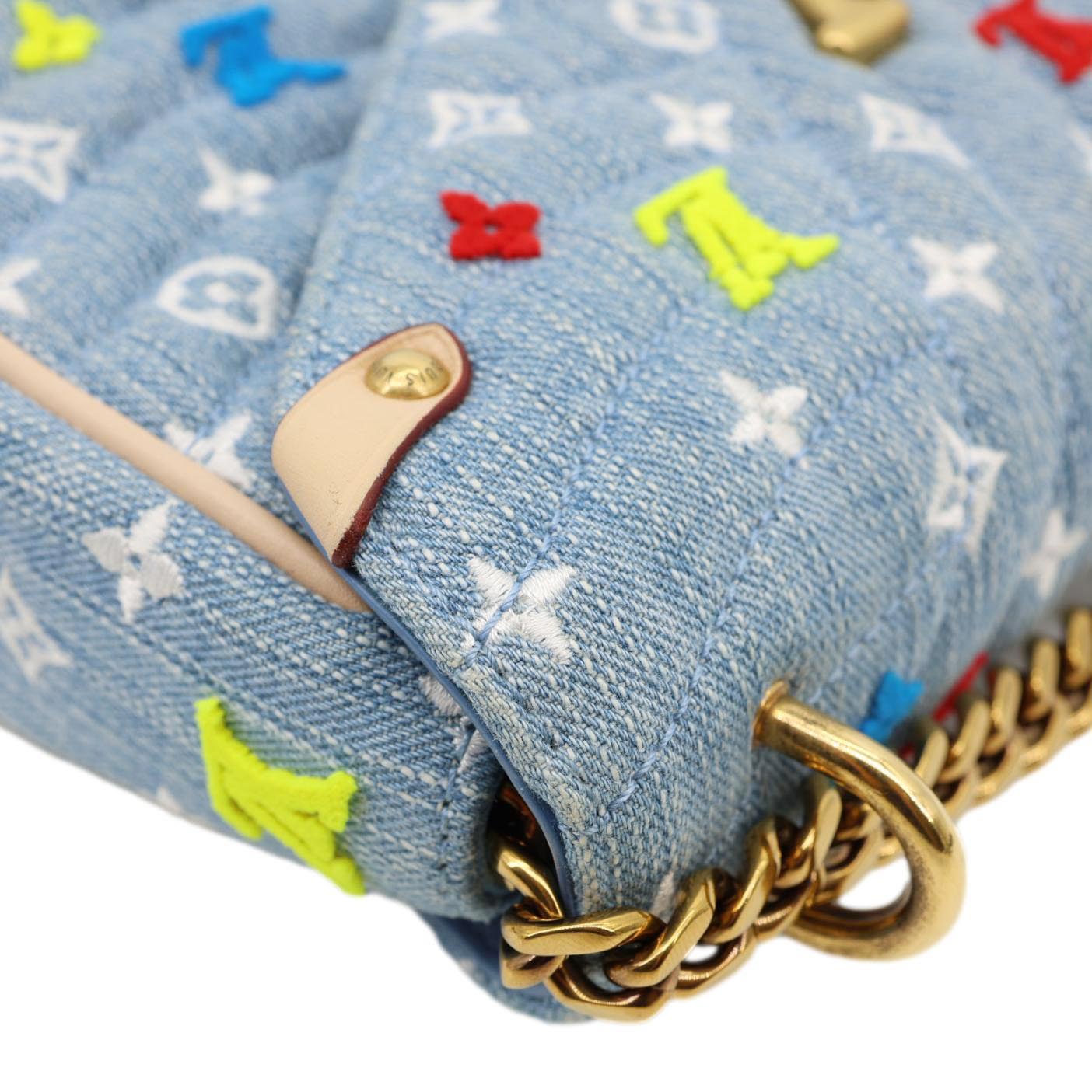LOUIS VUITTON New Wave Embroidered Monogram Denim Chain Shoulder Bag Blue