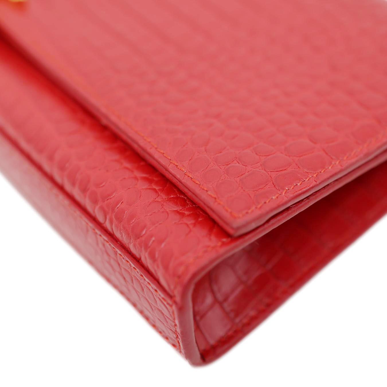 YVES SAINT LAURENT Kate Tassel Crocodile Embossed Leather Wallet Red