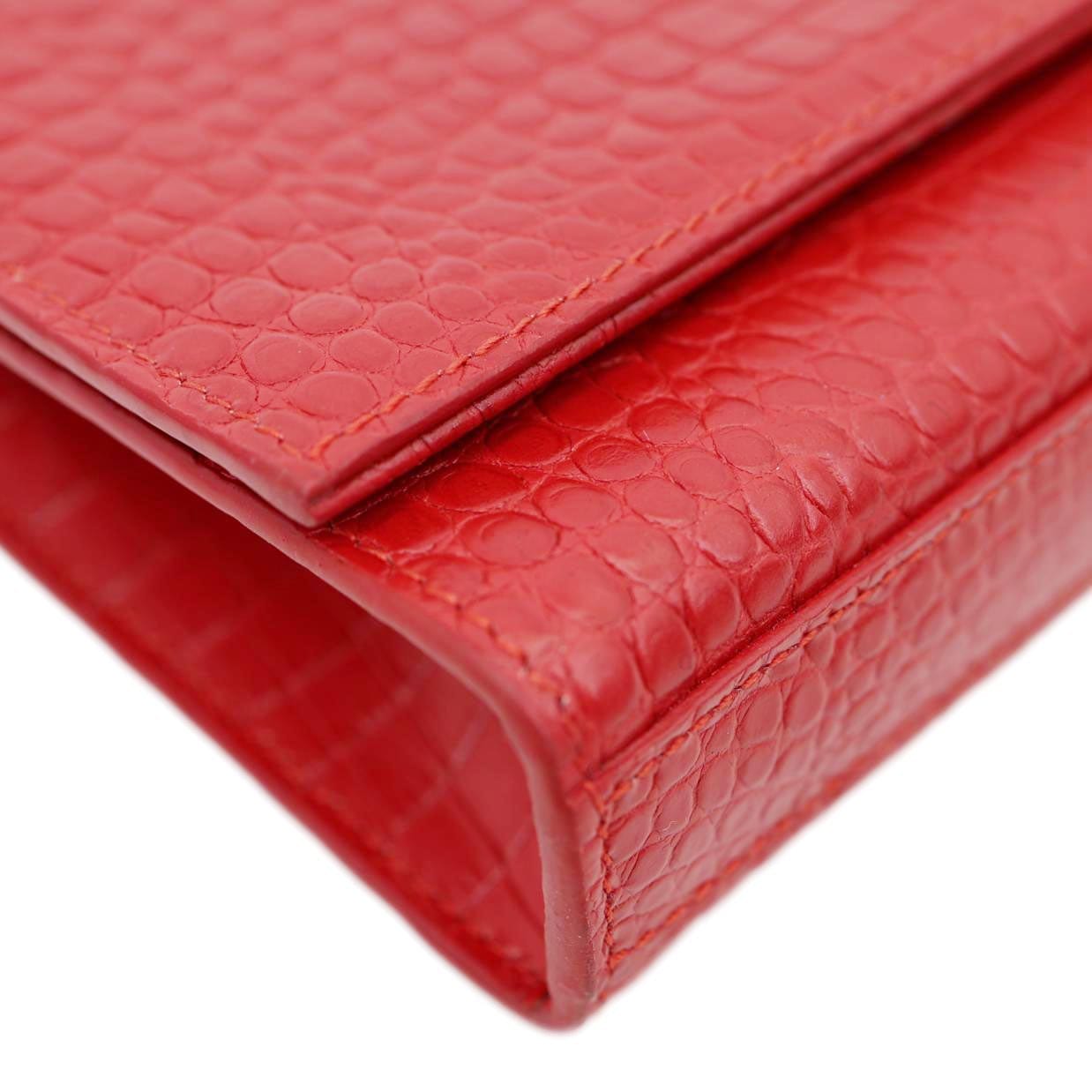 YVES SAINT LAURENT Kate Tassel Crocodile Embossed Leather Wallet Red