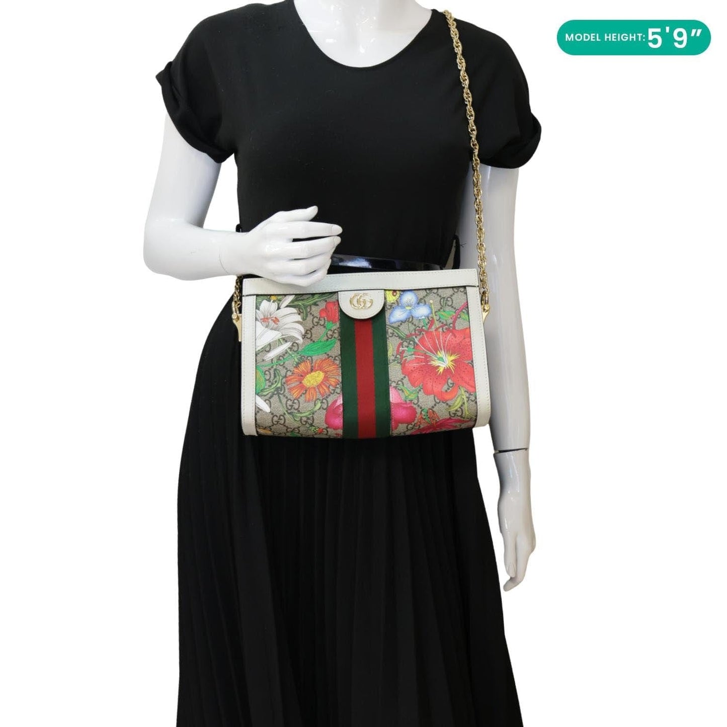 GUCCI Ophidia Web Small GG Floral Canvas Chain Shoulder Bag Off White 503877