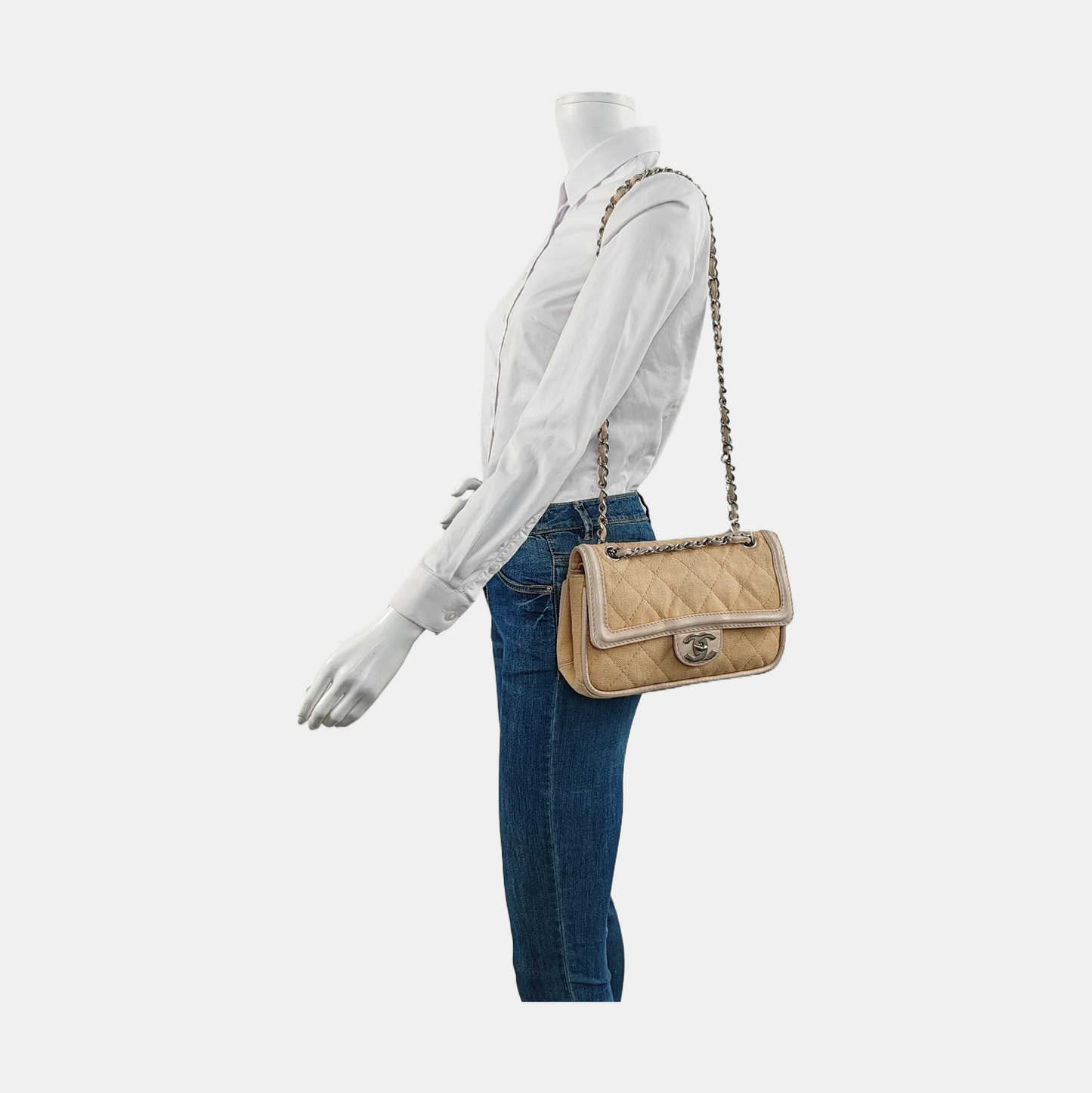 Chanel Classic Flap Medium Beige Canvas Leather Silver Hardware 2006-2008