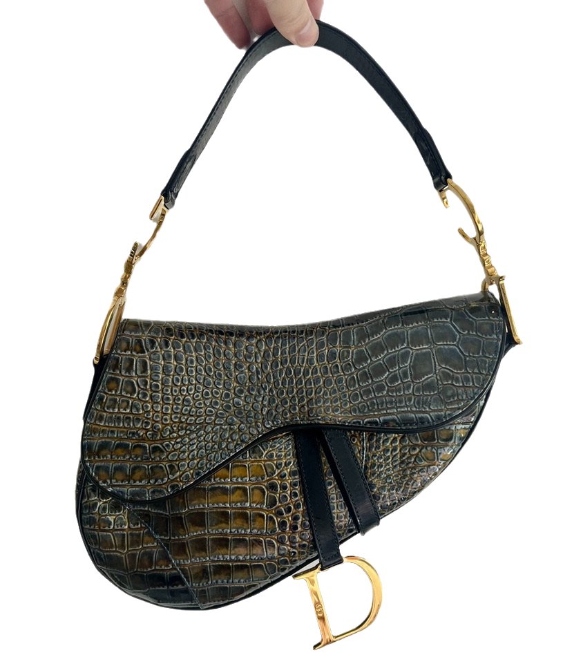 Dior Saddle Green Medium Crocodile embossed Leather Handbag