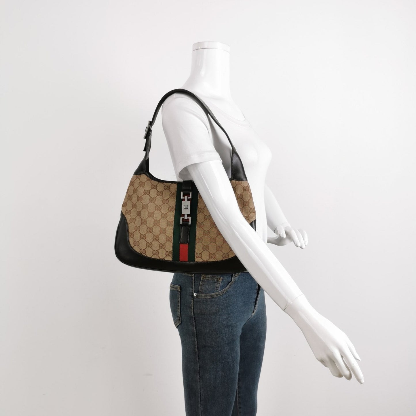 Gucci Jackie Vintage Medium Monogram Canvas Black Leather Shoulder Bag