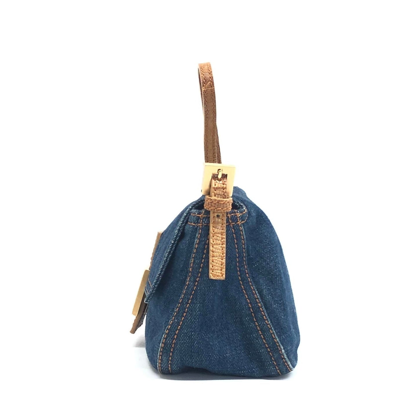 Fendi Mini Mamma Baguette Blue Denim Yellow Crocodile Leather Strap