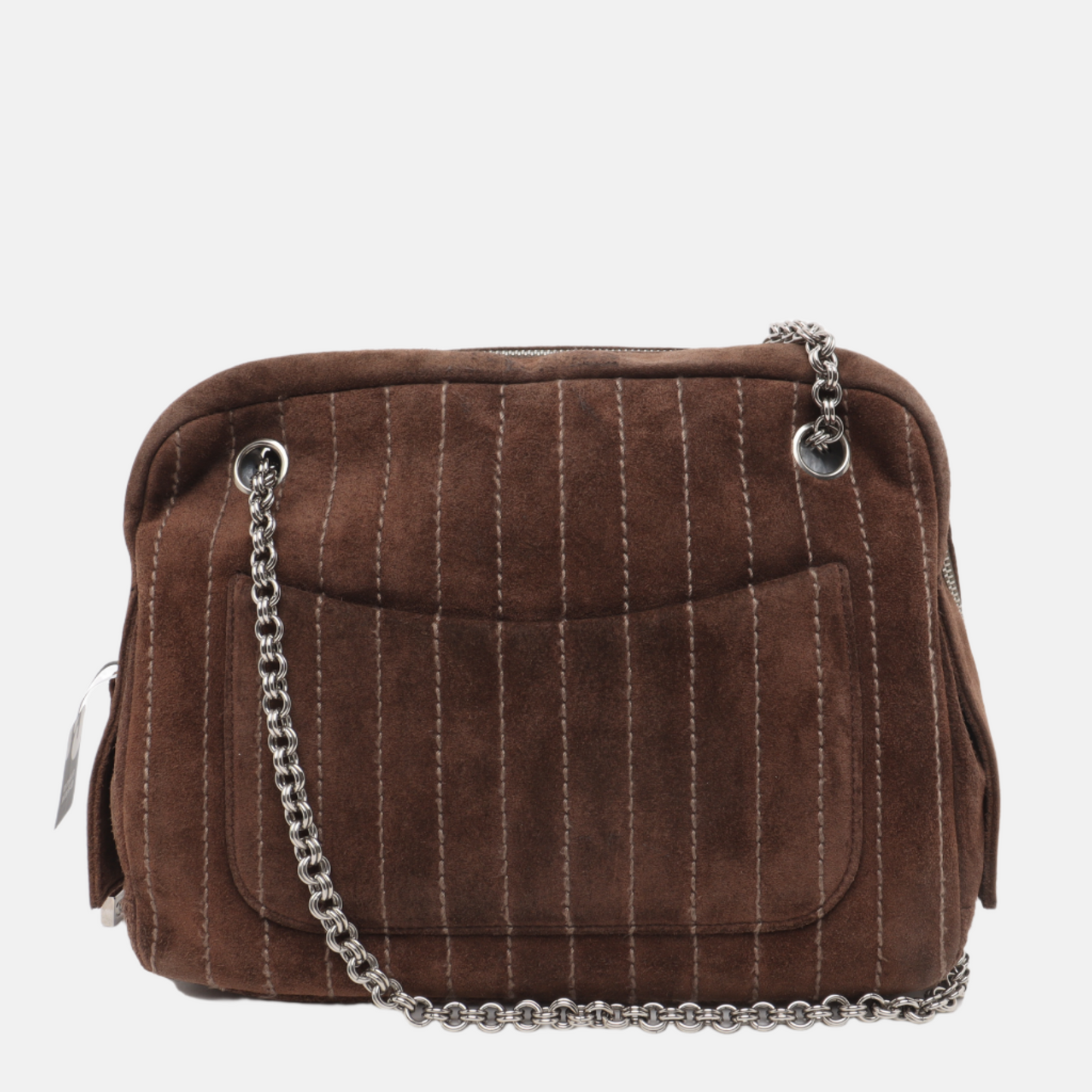 Chanel Mademoiselle Camera Bag Chocolate Brown Suede Silver Chain 2005-2006
