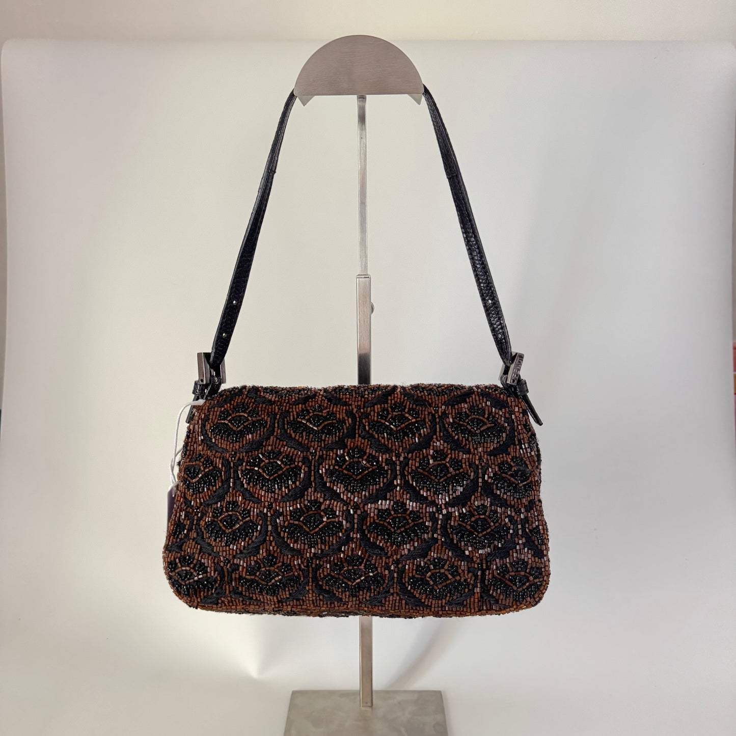Fendi Mini Mamma Baguette Brown Glitter Beads Floral Embroidery