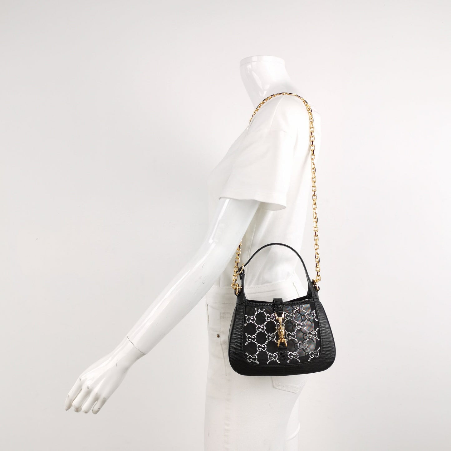 Gucci Jackie 1961 Mini Black Lizard Skin Mesh with Crystals Chain Strap