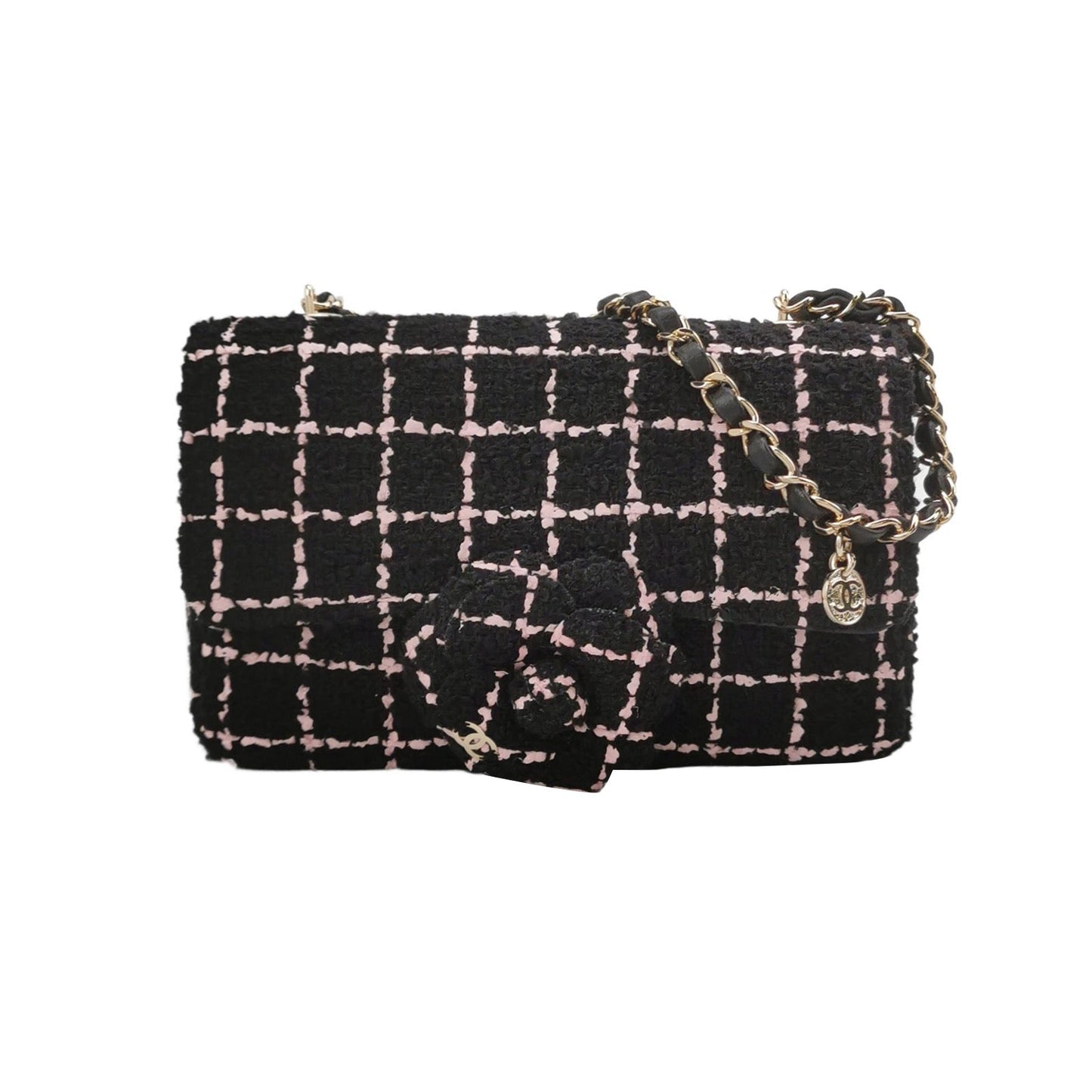Chanel Mini Rectangular Tweed Flap Bag Black Pink Camellia Single Chain Crossbody