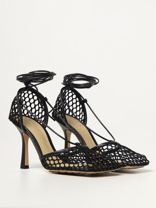 BOTTEGA VENETA LACE-UP NAPPA LEATHER TRIMMED MESH SANDALS