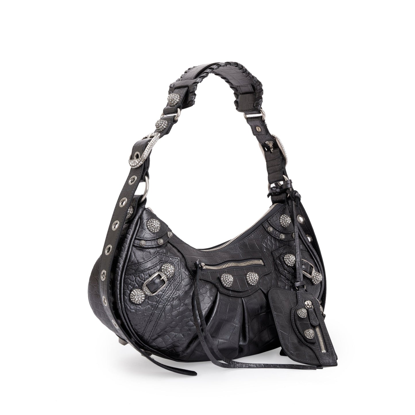 Balenciaga Black Croc-Embossed Arena Leather Rhinestones Le Cagole Small Shoulder Bag