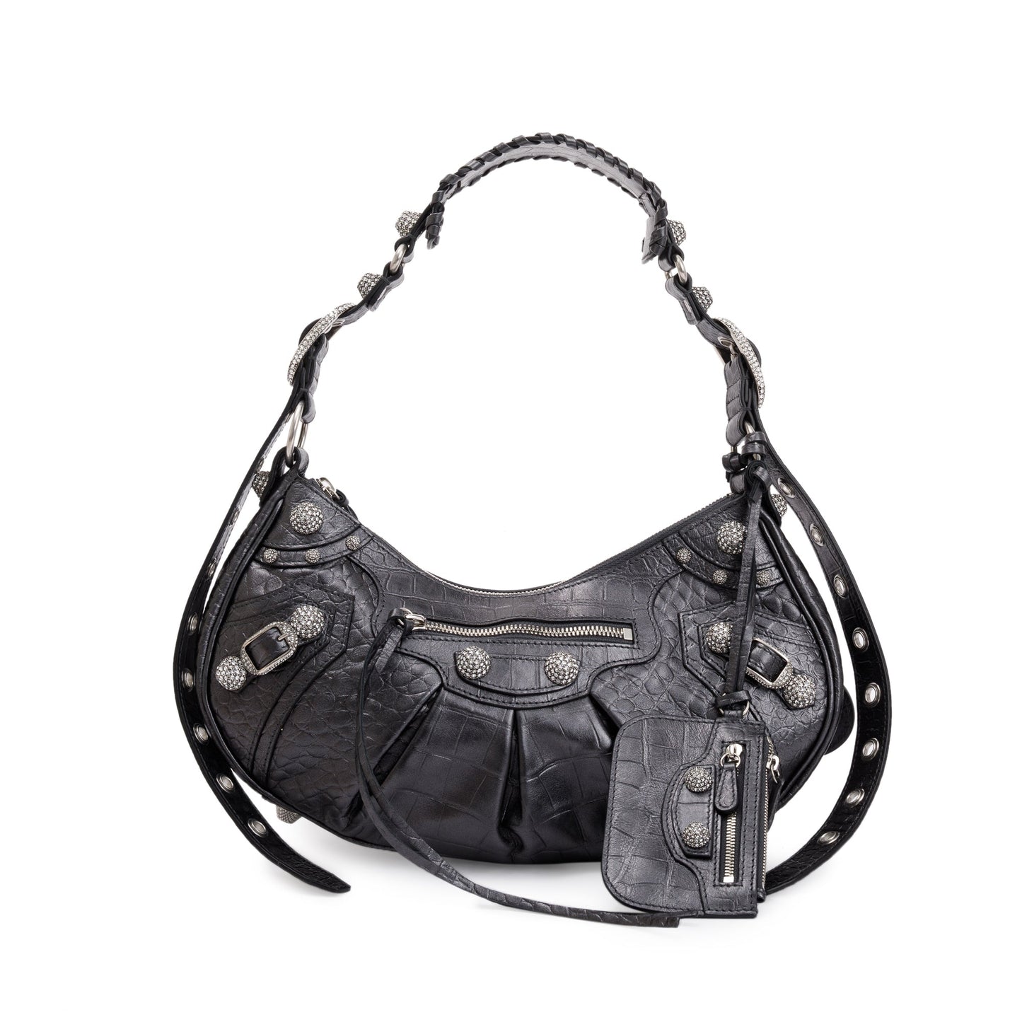 Balenciaga Black Croc-Embossed Arena Leather Rhinestones Le Cagole Small Shoulder Bag