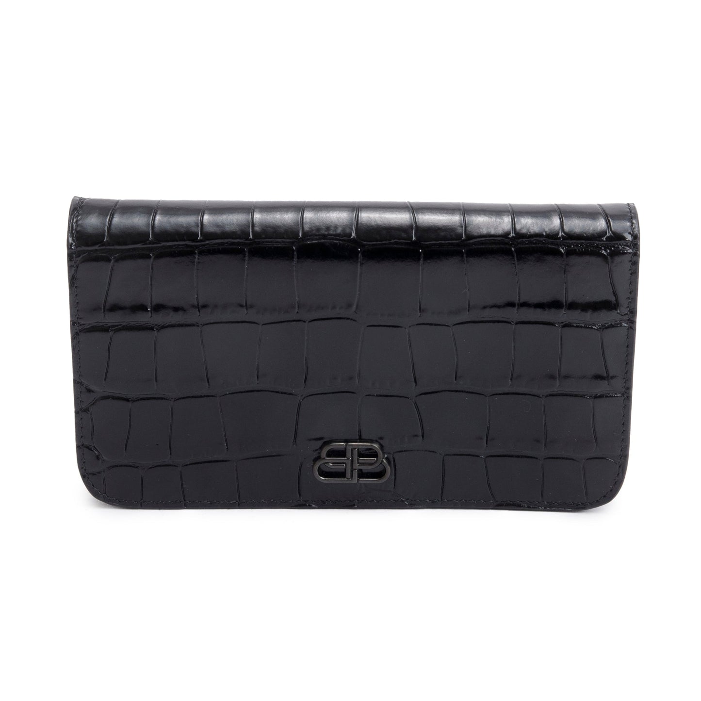 Balenciaga Black Croc-Embossed Leather Phone Holder Wallet on Chain