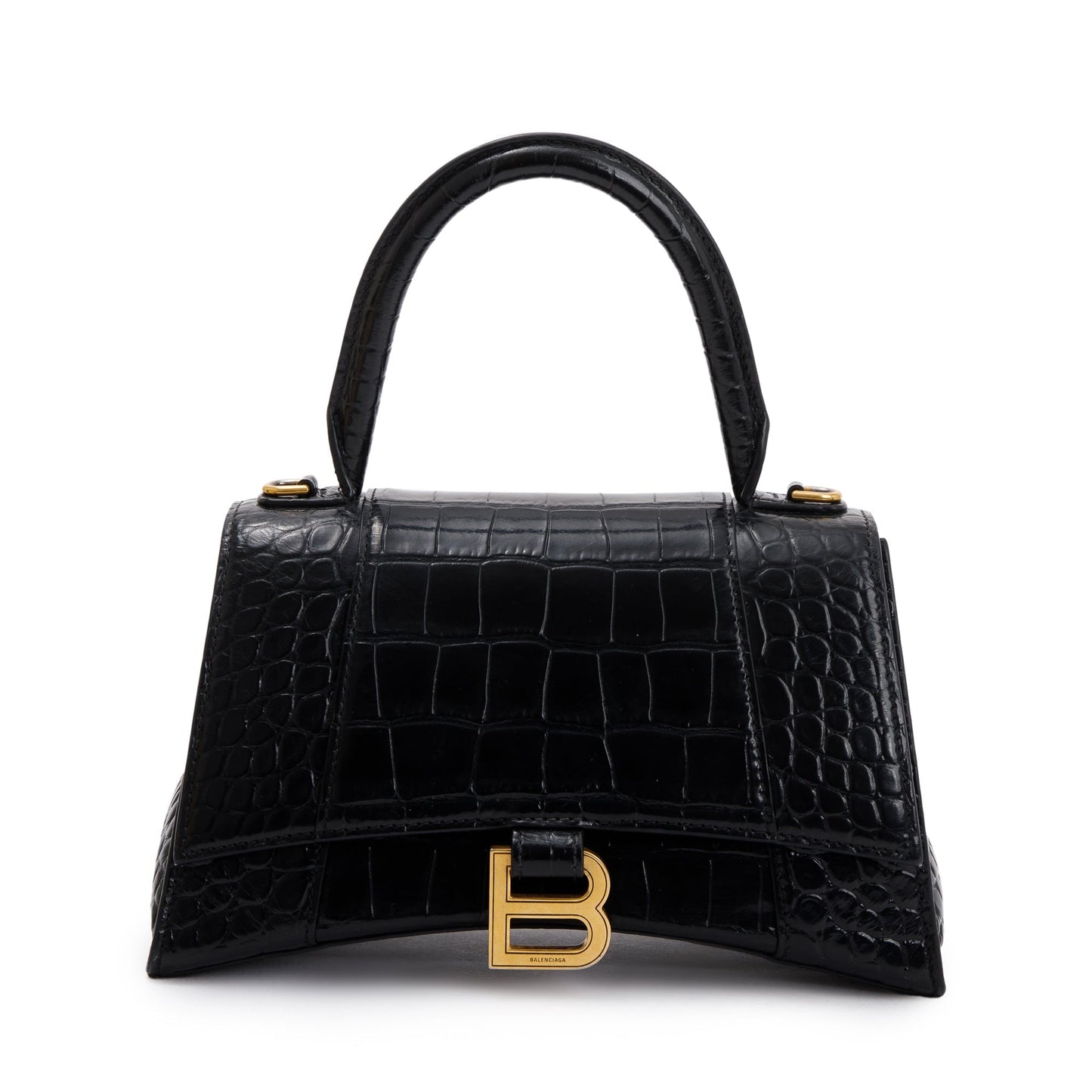 Balenciaga Black Croc-Embossed Leather Small Hourglass Top Handle Bag