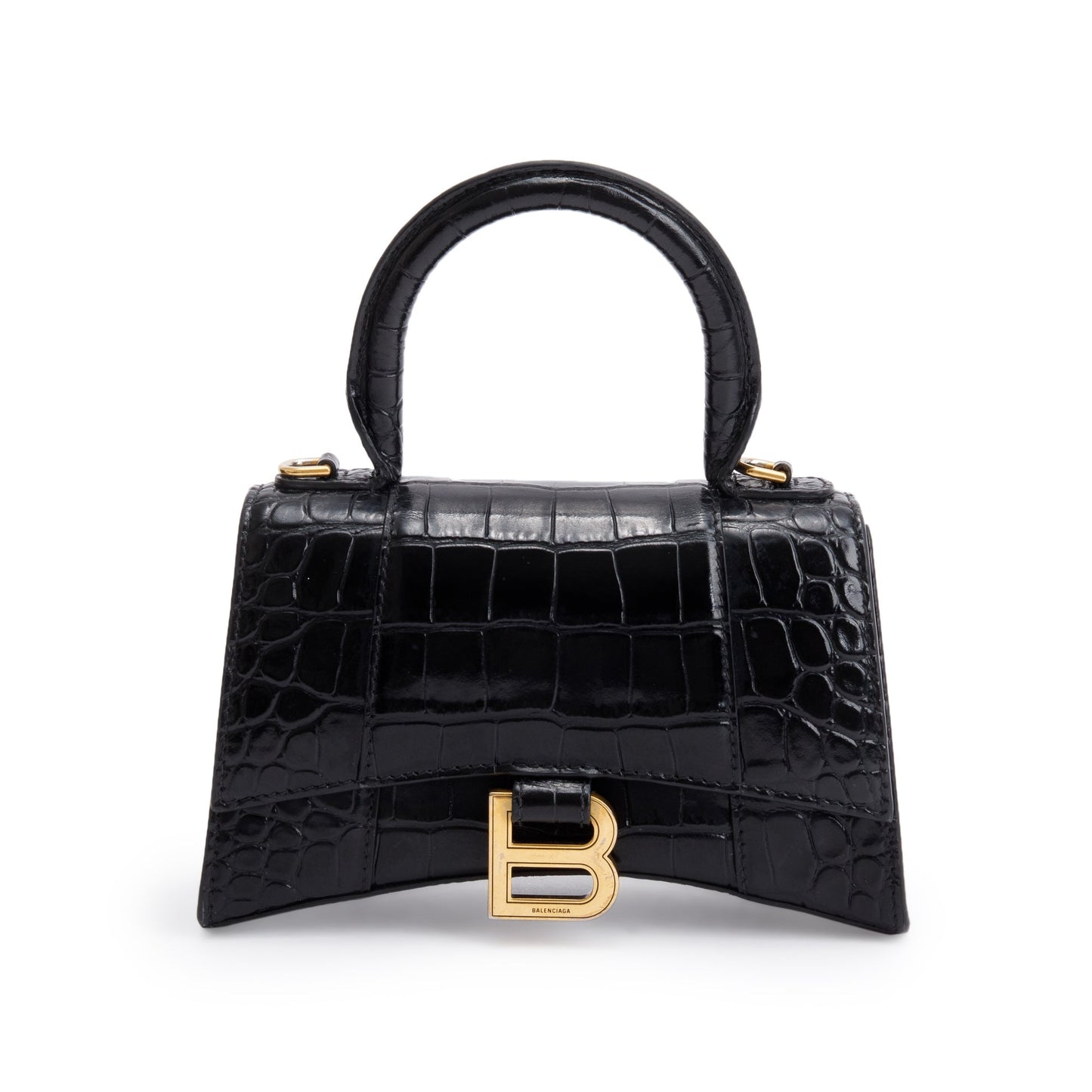 Balenciaga Black Croc-Embossed Leather XS Hourglass Top Handle Bag