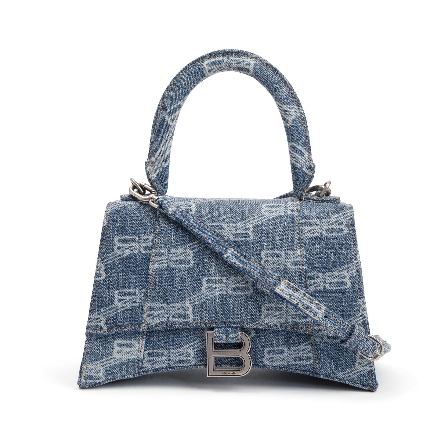 Balenciaga Blue BB Monogram Denim Small Hourglass Top Handle Bag