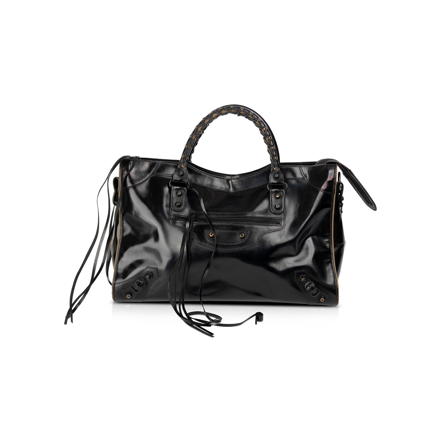 Balenciaga Motocross Black Glazed Calfskin Leather Gold City Bag