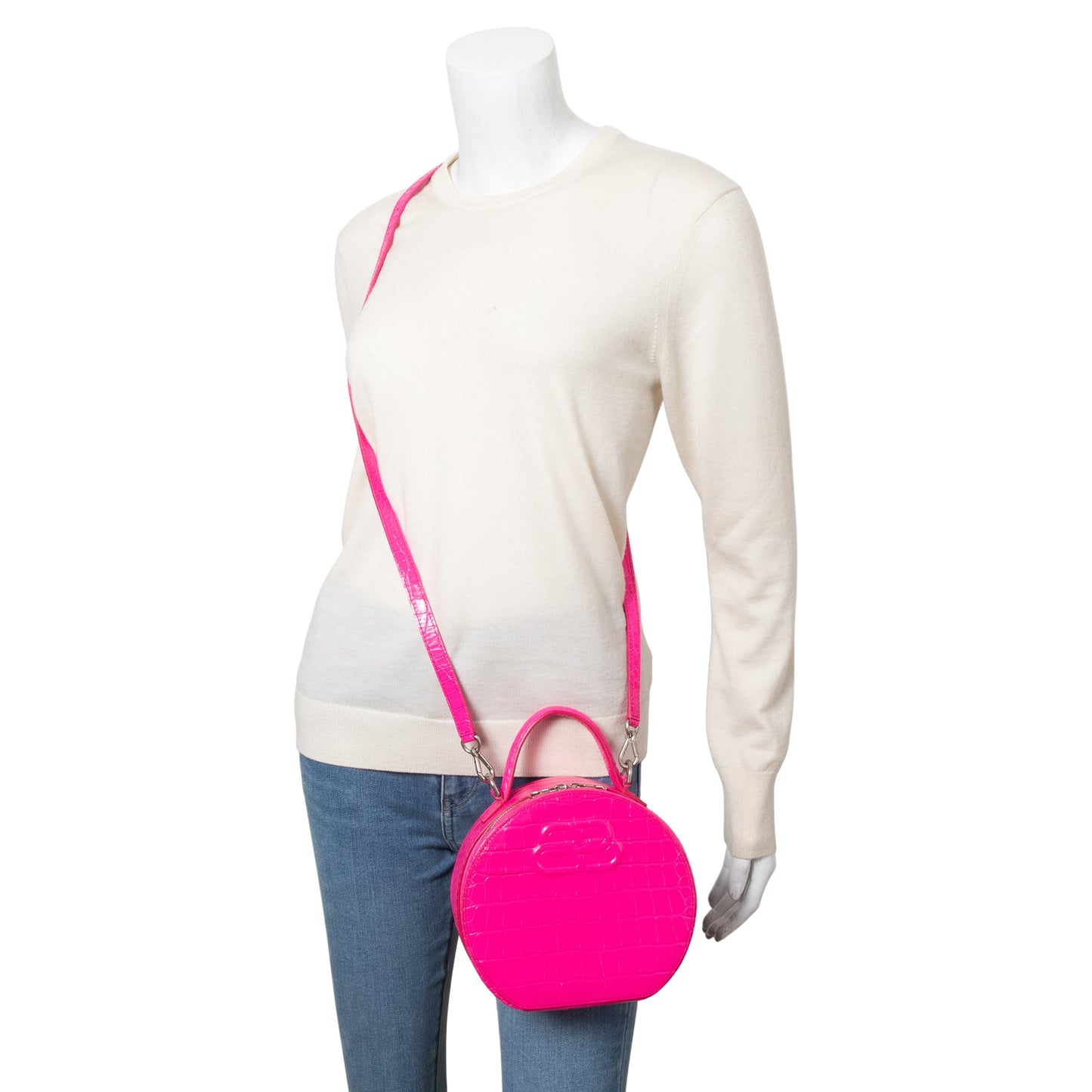 Balenciaga Pink Croc-Embossed Leather BB Vanity Round Crossbody