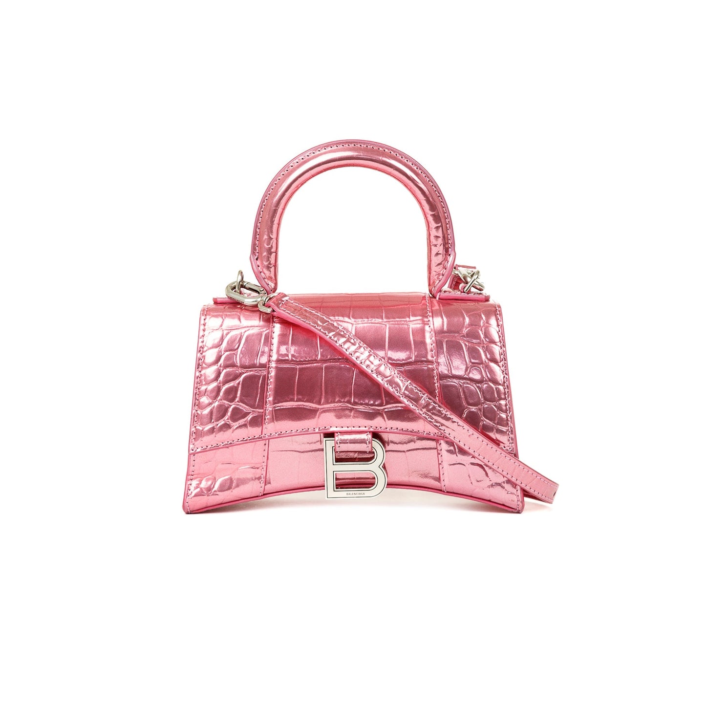 Balenciaga Pink Metallic Croc-Embossed Hourglass XS Top Handle Bag