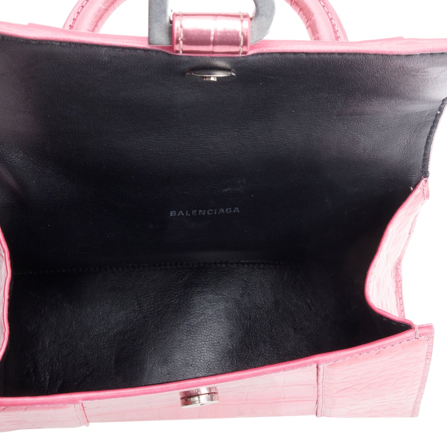 Balenciaga Pink Metallic Croc Embossed XS Hourglass Top Handle Bag