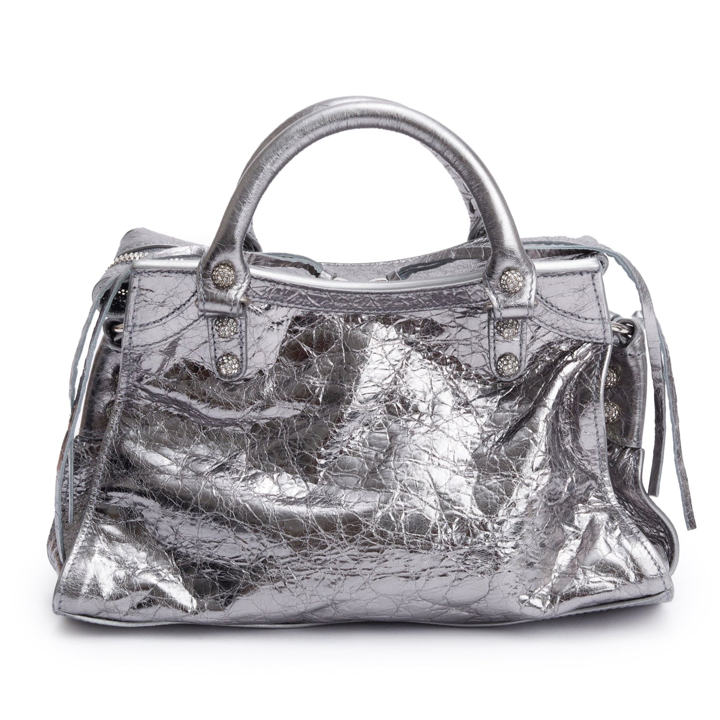 Balenciaga Silver Metallic Arena Leather Crystal Neo Cagole XS City Bag