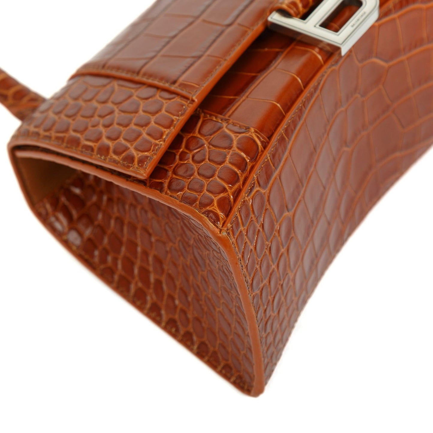 Balenciaga Small Brown Croc-Embossed Hourglass Top Handle Bag