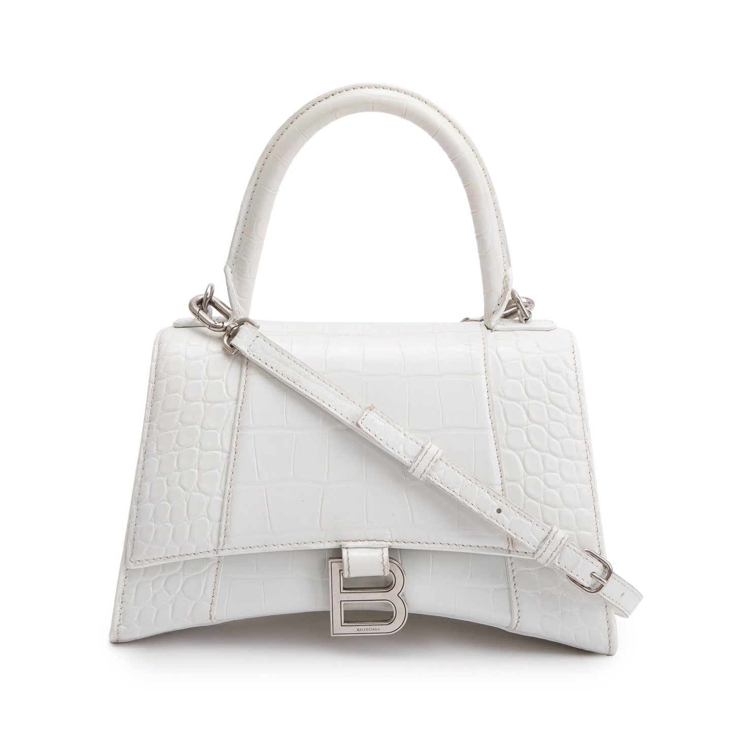Balenciaga White Croc Embossed Leather Small Hourglass Top Handle Bag