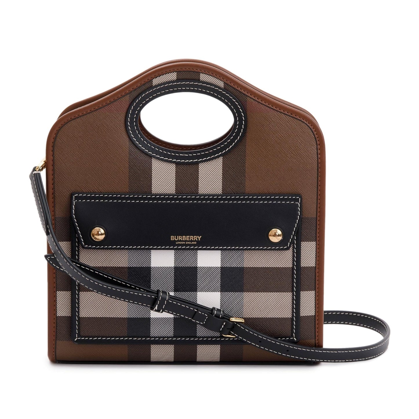 Burberry 2023 Brown Check Canvas and Black/Brown Leather Mini Pocket Bag