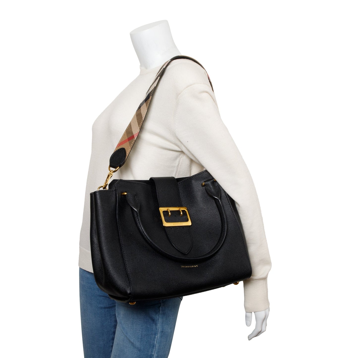 Burberry Black Grained Calfskin Leather Medium Buckle Tote Bag