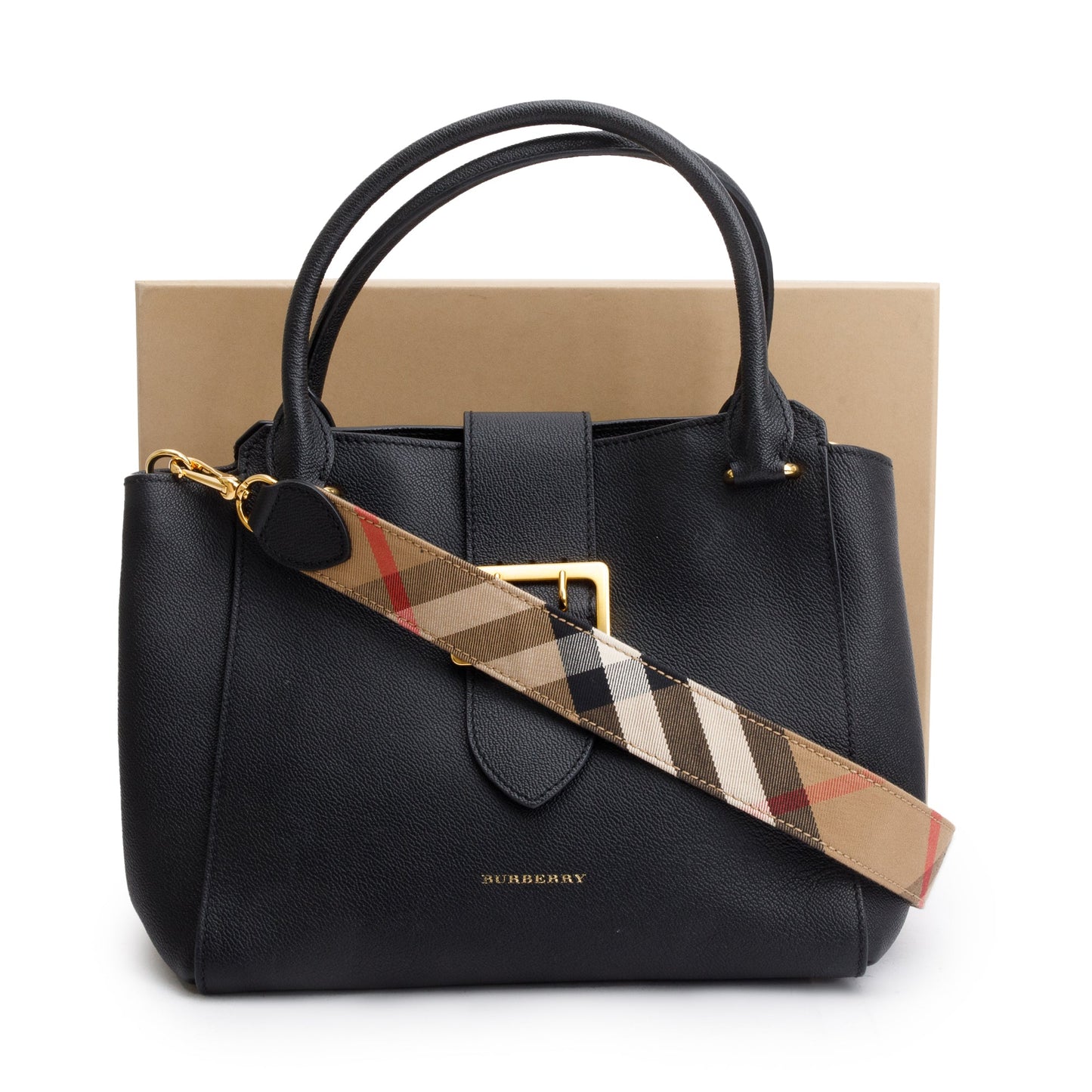 Burberry Black Grained Calfskin Leather Medium Buckle Tote Bag
