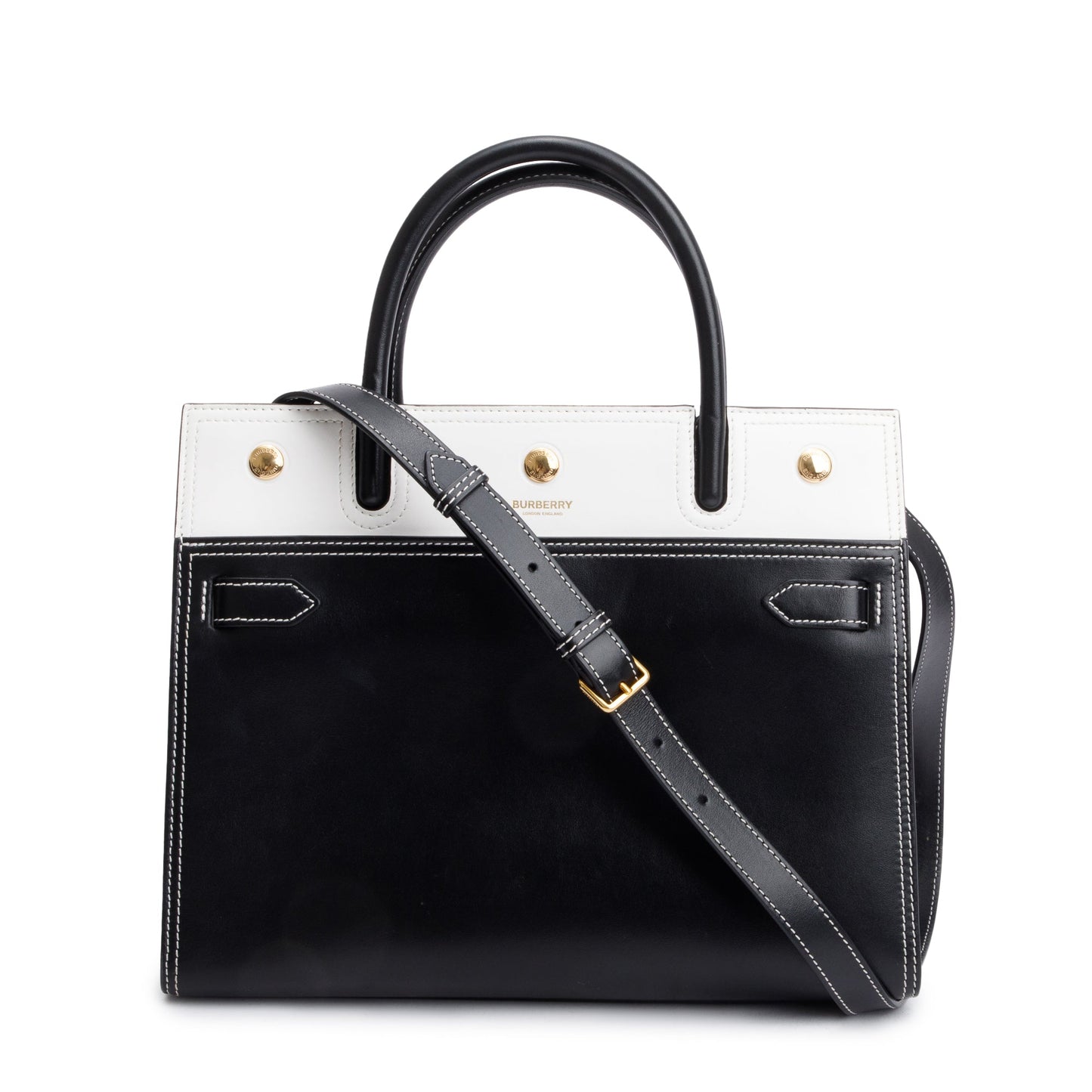Burberry Black & White Calfskin Leather Small Two Handle Title Tote