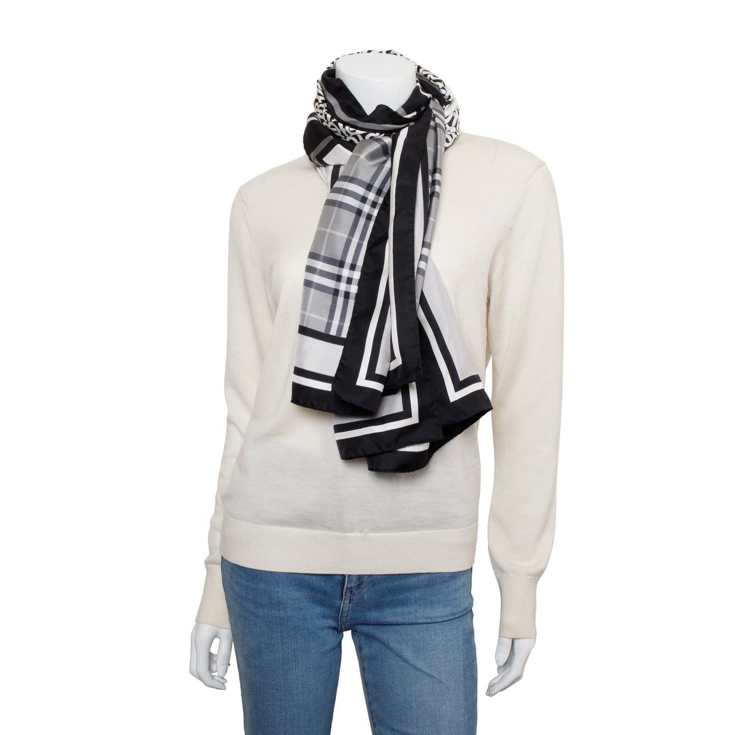 Burberry Black & White Vintage Check Icon Stripe TB Monogram Print Silk Scarf