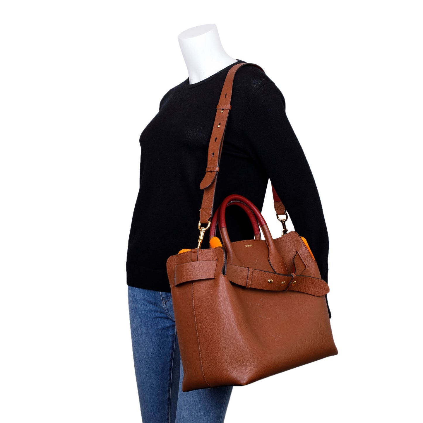 Burberry Brown Grained Calfskin Leather Medium Belt Tote Bag