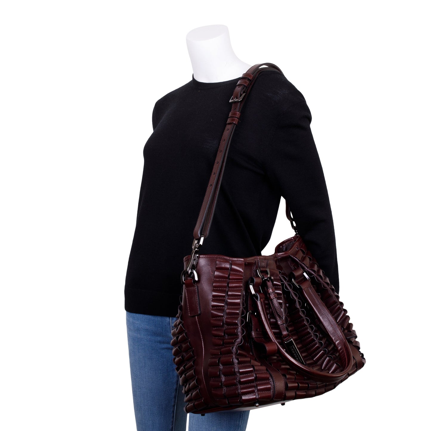 Burberry Burgundy Calfskin Leather Cartridge Pleated Lowry Tote