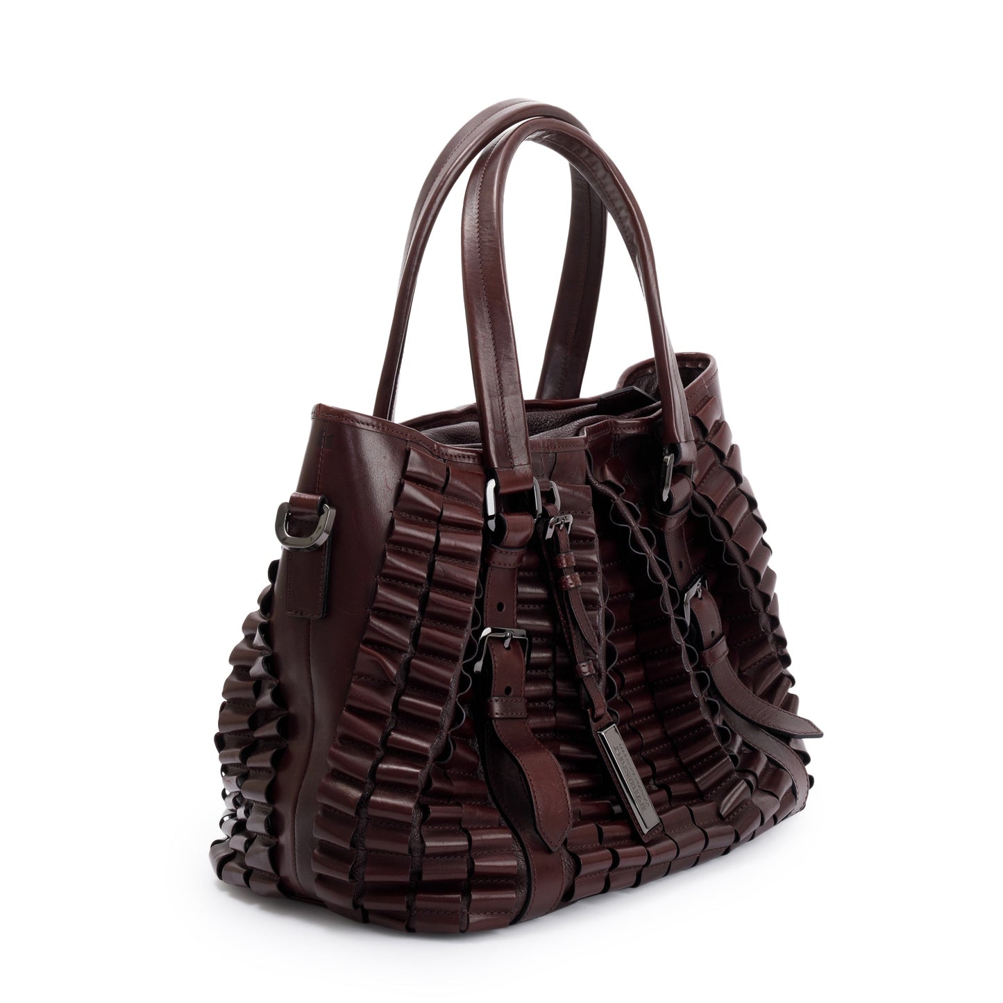 Burberry Burgundy Calfskin Leather Cartridge Pleated Lowry Tote